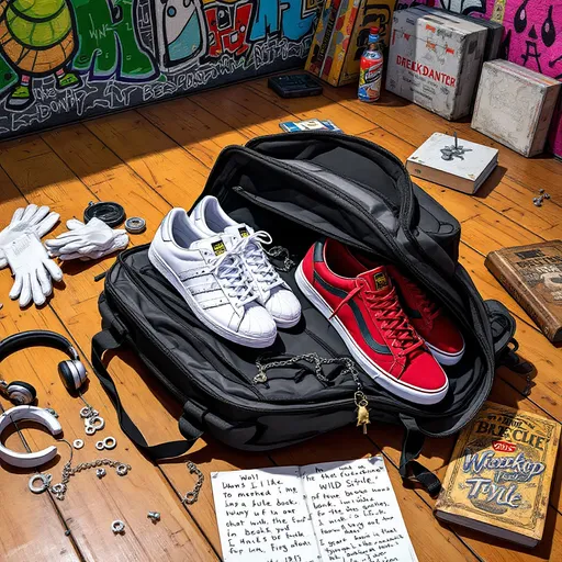 Prompt: What to pack for training in backpack? break dance training animated
