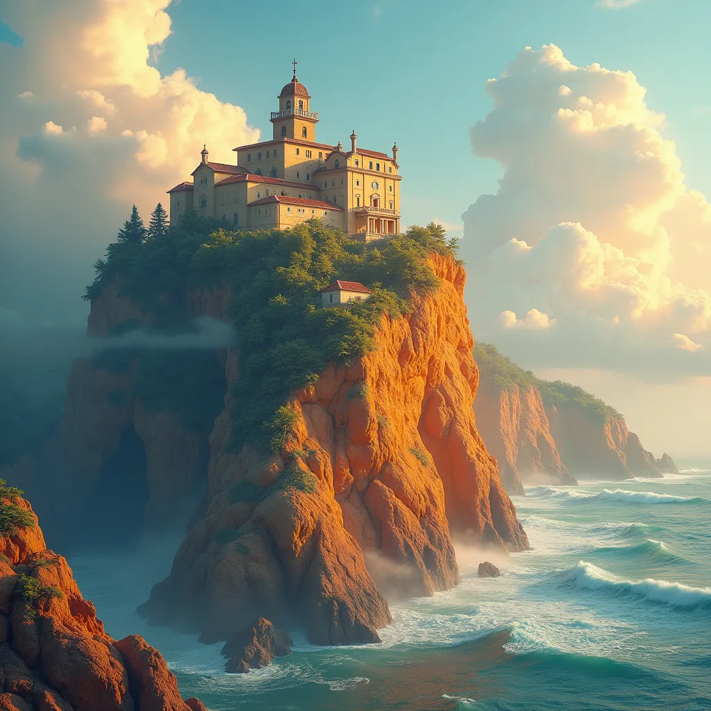 Prompt: An ancient monastery perched atop a colorful cliff with an endless golden ocean below, clouds swirling around it, vivid hyper-realistic 3D render, inspiring a sense of awe and reflection.