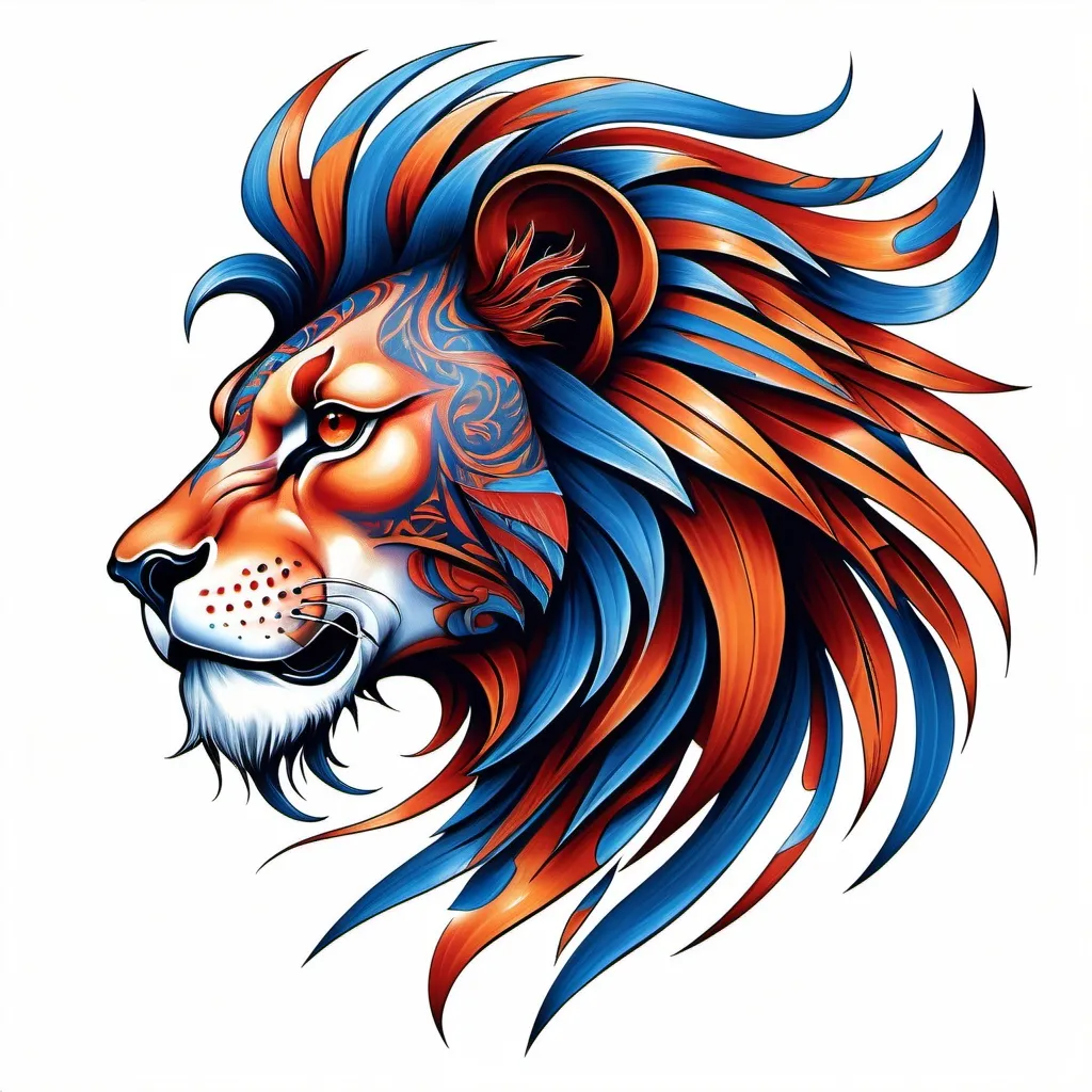 Prompt: Tribal tattoo of a stylized lion head. Side view. The Blue Panther's mane and head depicted as flames in shades of red and orange patterns. The design combines elements of realism and abstraction, creating a dynamic and visually striking representation, includes intricate patterns that emphasize the strength and dynamics. white background Less