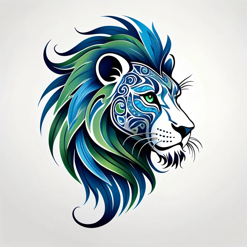 Prompt: Tribal tattoo of a stylized lion head. Side view. The Blue Panther's mane and head depicted as flames in shades of blue and green patterns. The design combines elements of realism and abstraction, creating a dynamic and visually striking representation, includes intricate patterns that emphasize the strength and dynamics. white background Less