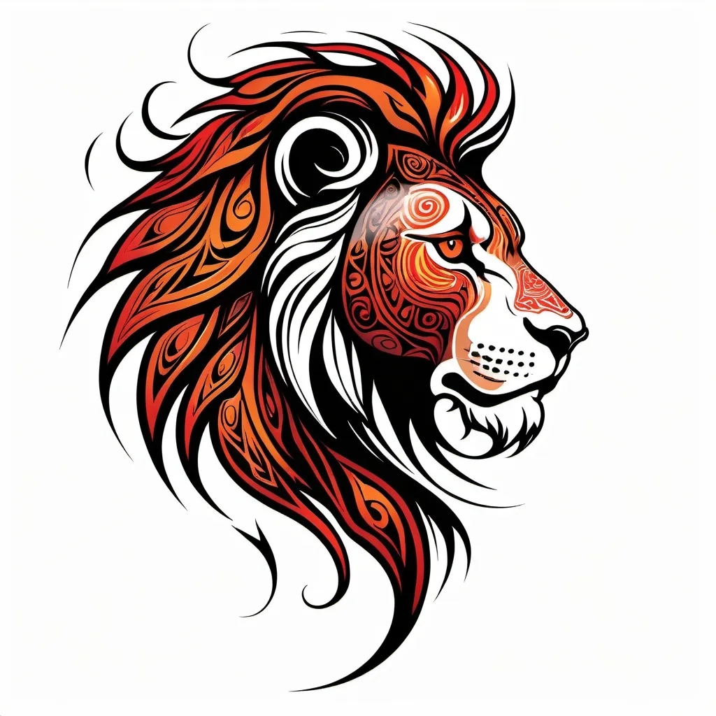 Prompt: Tribal tattoo of a stylized lion head. Side view. The lion's mane and head depicted as flames in shades of red and orange patterns. The design combines elements of realism and abstraction, creating a dynamic and visually striking representation, includes intricate patterns that emphasize the strength and dynamics. white background Less