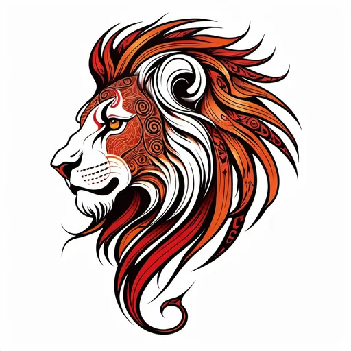 Prompt: Tribal tattoo of a stylized lion head. Side view. The lion's mane and head depicted as flames in shades of red and orange patterns. The design combines elements of realism and abstraction, creating a dynamic and visually striking representation, includes intricate patterns that emphasize the strength and dynamics. white background Less