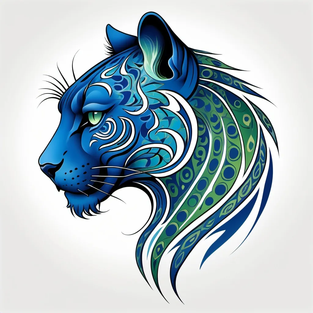 Prompt: Tribal tattoo of a stylized blue panther head. Side view. The Blue Panther's mane and head depicted as flames in shades of blue and green patterns. The design combines elements of realism and abstraction, creating a dynamic and visually striking representation, includes intricate patterns that emphasize the strength and dynamics. white background Less