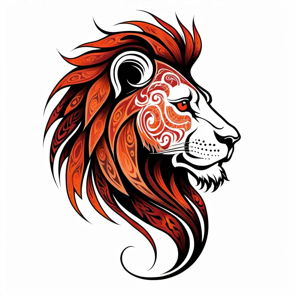 Prompt: Tribal tattoo of a stylized lion head. Side view. The lion's mane and head depicted as flames in shades of red and orange patterns. The design combines elements of realism and abstraction, creating a dynamic and visually striking representation, includes intricate patterns that emphasize the strength and dynamics. white background Less