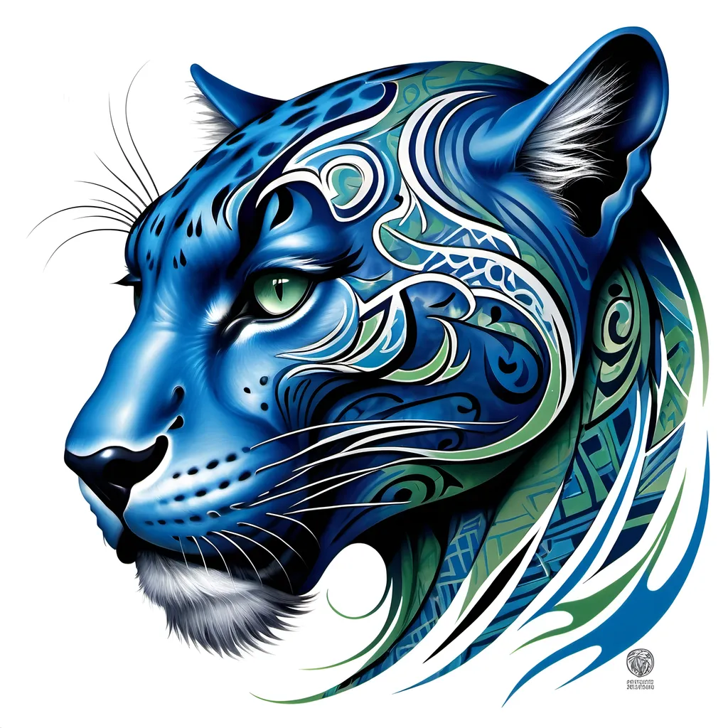 Prompt: Tribal tattoo of a stylized blue panther head. Side view. The Blue Panther's mane and head depicted as flames in shades of blue and green patterns. The design combines elements of realism and abstraction, creating a dynamic and visually striking representation, includes intricate patterns that emphasize the strength and dynamics. white background Less