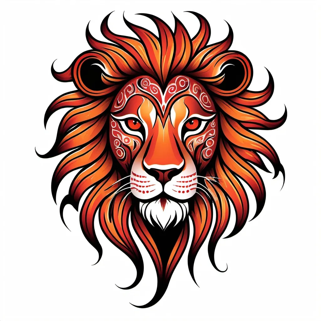 Prompt: Tribal tattoo of a stylized lion head. Side view. The lion's mane and head depicted as flames in shades of red and orange patterns. The design combines elements of realism and abstraction, creating a dynamic and visually striking representation, includes intricate patterns that emphasize the strength and dynamics. white background Less