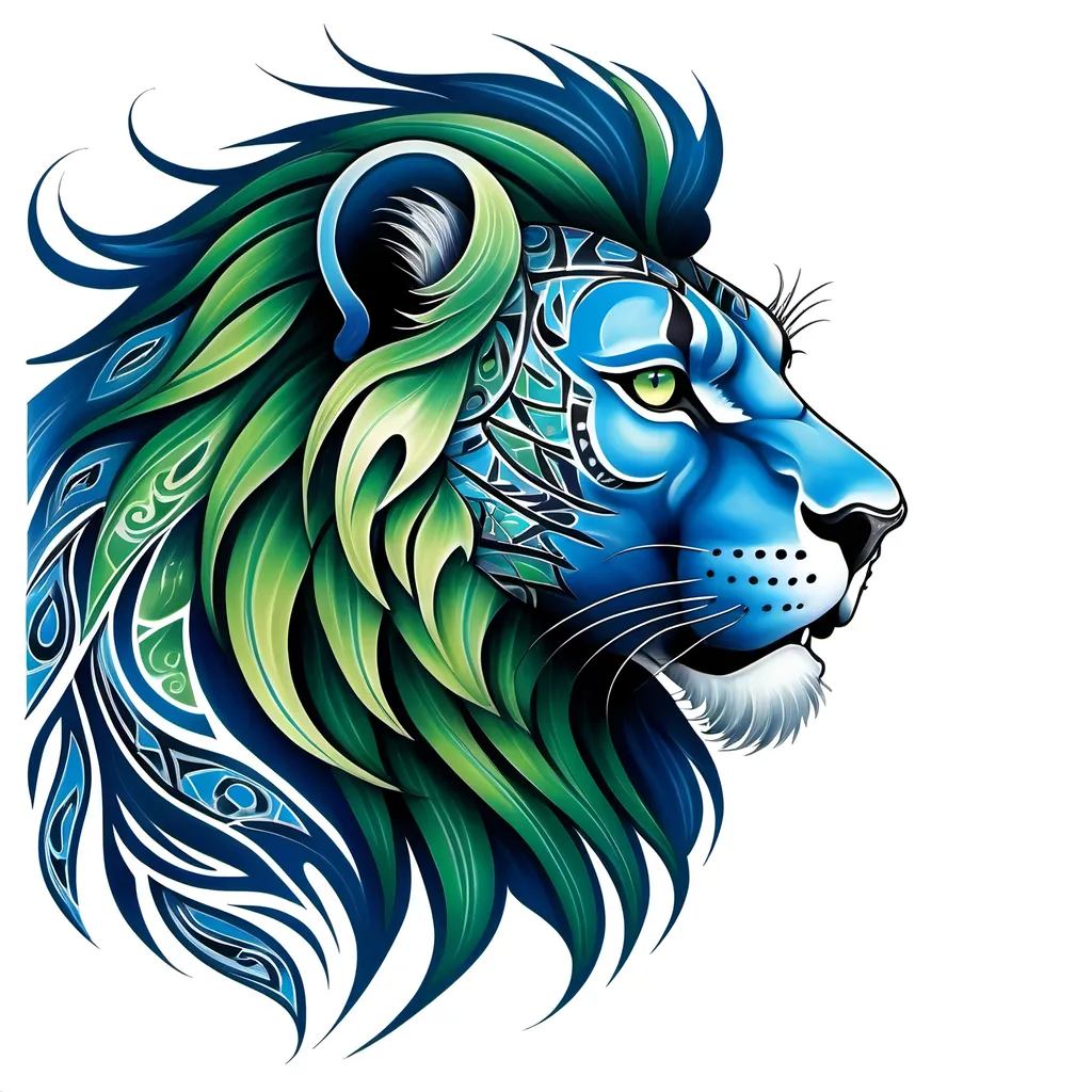 Prompt: Tribal tattoo of a stylized lion head. Side view. The Blue Panther's mane and head depicted as flames in shades of blue and green patterns. The design combines elements of realism and abstraction, creating a dynamic and visually striking representation, includes intricate patterns that emphasize the strength and dynamics. white background Less