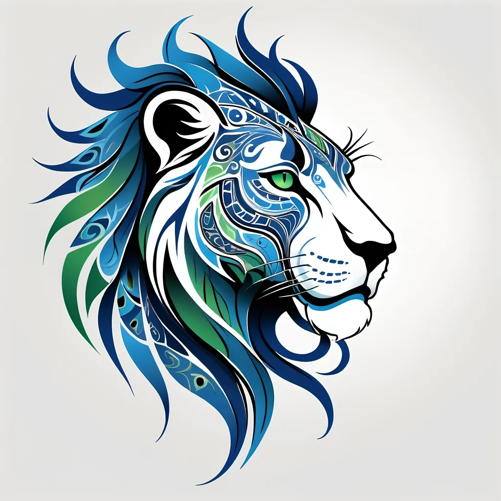 Prompt: Tribal tattoo of a stylized lion head. Side view. The Blue Panther's mane and head depicted as flames in shades of blue and green patterns. The design combines elements of realism and abstraction, creating a dynamic and visually striking representation, includes intricate patterns that emphasize the strength and dynamics. white background Less