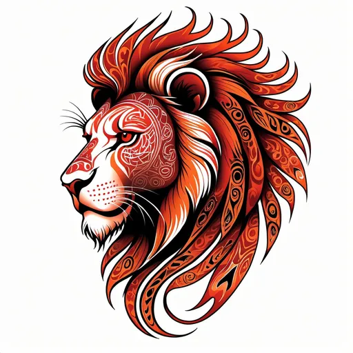 Prompt: Tribal tattoo of a stylized lion head. Side view. The lion's mane and head depicted as flames in shades of red and orange patterns. The design combines elements of realism and abstraction, creating a dynamic and visually striking representation, includes intricate patterns that emphasize the strength and dynamics. white background Less