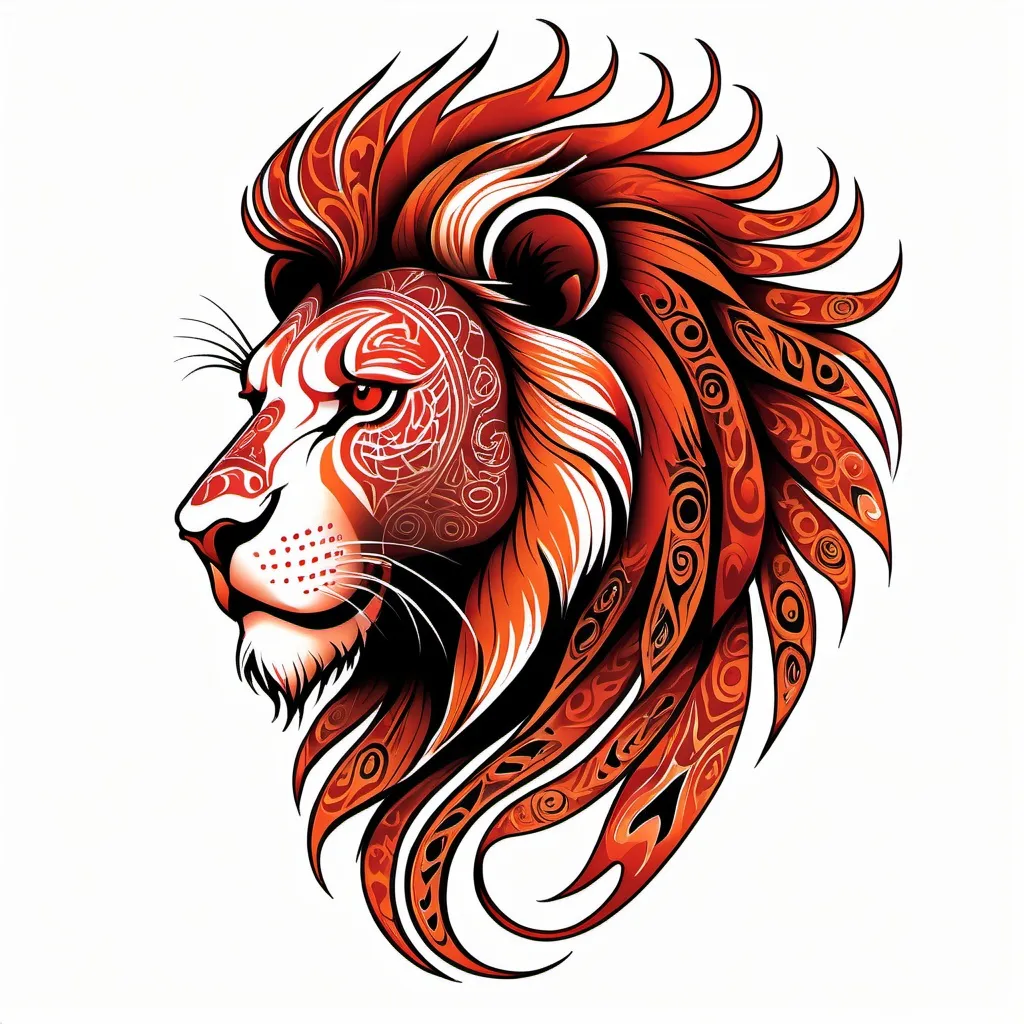 Prompt: Tribal tattoo of a stylized lion head. Side view. The lion's mane and head depicted as flames in shades of red and orange patterns. The design combines elements of realism and abstraction, creating a dynamic and visually striking representation, includes intricate patterns that emphasize the strength and dynamics. white background Less