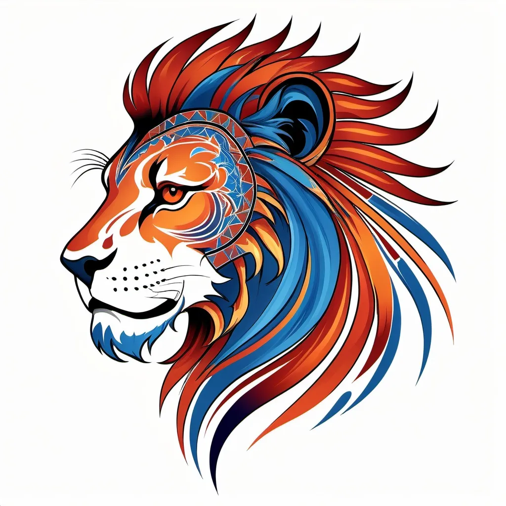 Prompt: Tribal tattoo of a stylized lion head. Side view. The Blue Panther's mane and head depicted as flames in shades of red and orange patterns. The design combines elements of realism and abstraction, creating a dynamic and visually striking representation, includes intricate patterns that emphasize the strength and dynamics. white background Less