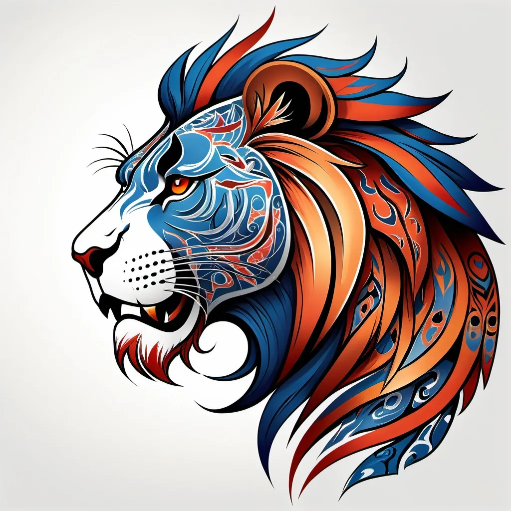 Prompt: Tribal tattoo of a stylized lion head. Side view. The Blue Panther's mane and head depicted as flames in shades of red and orange patterns. The design combines elements of realism and abstraction, creating a dynamic and visually striking representation, includes intricate patterns that emphasize the strength and dynamics. white background Less