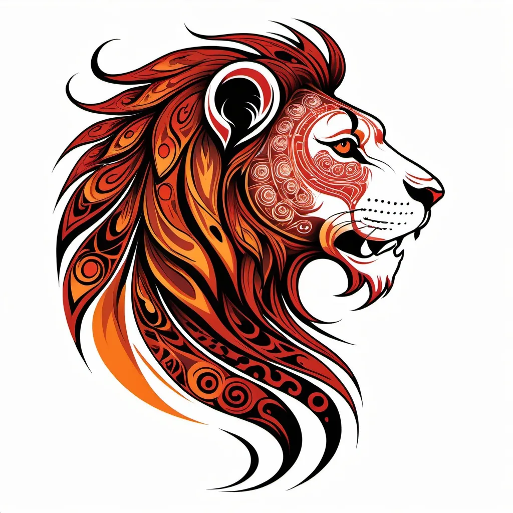 Prompt: Tribal tattoo of a stylized lion head. Side view. The lion's mane and head depicted as flames in shades of red and orange patterns. The design combines elements of realism and abstraction, creating a dynamic and visually striking representation, includes intricate patterns that emphasize the strength and dynamics. white background Less