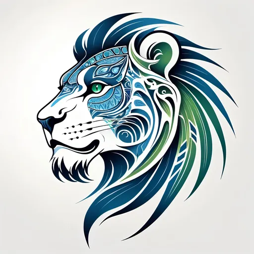 Prompt: Tribal tattoo of a stylized lion head. Side view. The Blue Panther's mane and head depicted as flames in shades of blue and green patterns. The design combines elements of realism and abstraction, creating a dynamic and visually striking representation, includes intricate patterns that emphasize the strength and dynamics. white background Less