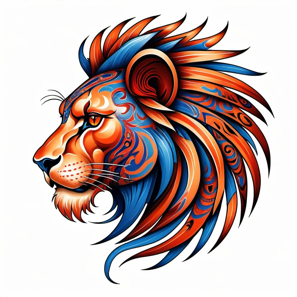 Prompt: Tribal tattoo of a stylized lion head. Side view. The Blue Panther's mane and head depicted as flames in shades of red and orange patterns. The design combines elements of realism and abstraction, creating a dynamic and visually striking representation, includes intricate patterns that emphasize the strength and dynamics. white background Less