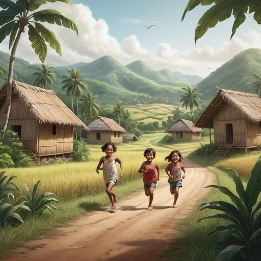 Prompt: children running through tropical farmland, hills and huts in the distance, realistic drawing style