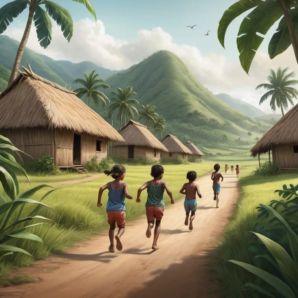 Prompt: children running through tropical farmland, hills and huts in the distance, realistic drawing style