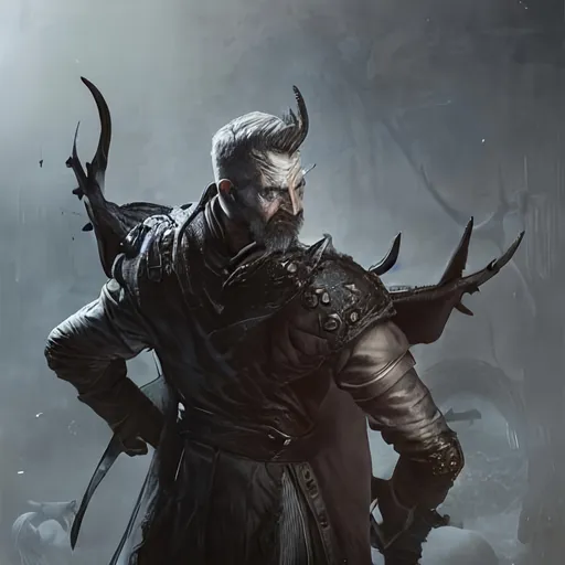 Prompt: Front of old tiefling Olgierd von Everec with batwings on his back, grey hair and with scarred face, dark dungeon, perfect composition, hyperrealistic, super detailed, 8k, high quality, trending art, trending on artstation, sharp focus, studio photo, intricate details, highly detailed, by greg rutkowski