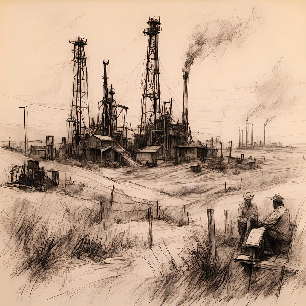 Prompt: <mymodel> pencil-sketch of a west texas oil field from a far away zoom out 
with men working and fading away, add , men working and some money and time being wasted
