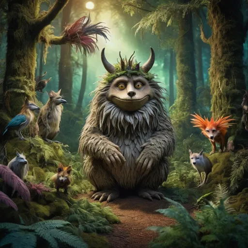 Prompt: Forest scene with strange animals, reminiscent of 'Where the Wild Things Are', highres, detailed animals, fantasy, vibrant colors, whimsical, detailed fur and feathers, mysterious atmosphere, surreal, lush greenery, professional, atmospheric lighting, fantasy, detailed, whimsical animals, forest setting, vibrant colors, surreal atmosphere