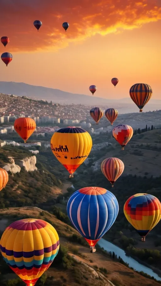 Prompt: The bright orange sun casts a warm glow on the colorful hot air balloons dotting the Turkish sky, creating a stunning visual display.



