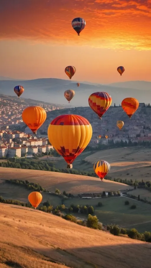 Prompt: The bright orange sun casts a warm glow on the colorful hot air balloons dotting the Turkish sky, creating a stunning visual display.



