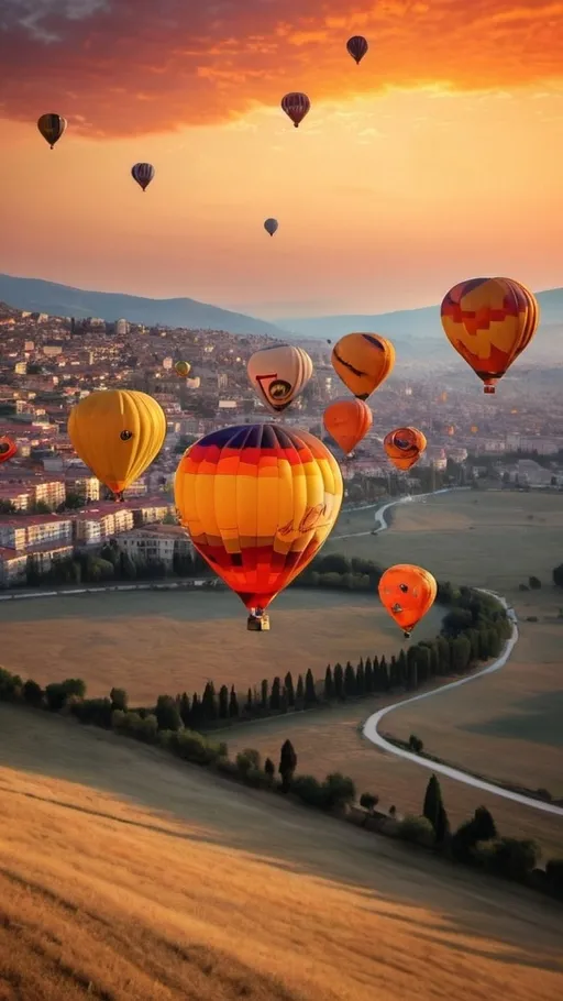 Prompt: The bright orange sun casts a warm glow on the colorful hot air balloons dotting the Turkish sky, creating a stunning visual display.



