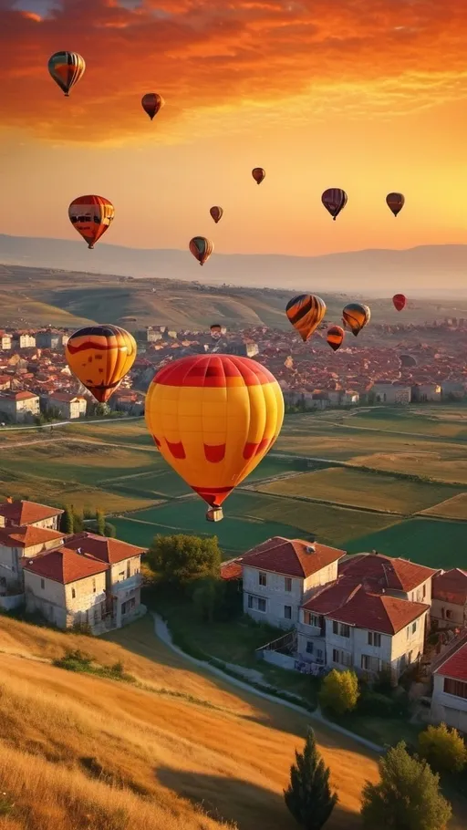 Prompt: The bright orange sun casts a warm glow on the colorful hot air balloons dotting the Turkish sky, creating a stunning visual display.



