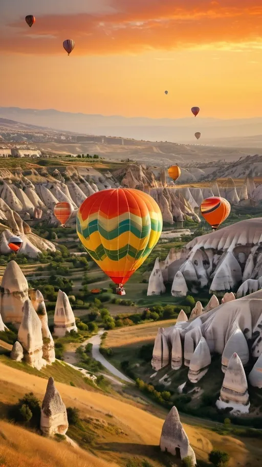 Prompt: The bright orange sun casts a warm glow on the colorful hot air balloons dotting the Turkish sky, creating a stunning visual display.



