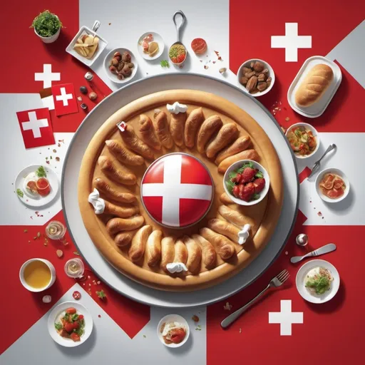 Prompt: A poster  image  for a swiss national day, should be energetic, very modern, with a titl of technology aspect  and showcase the fun community aspect of the event. The  design creates a sense of dynamism and highlights both food the engaging enthusiastic activities.
