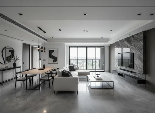 Prompt: Overall Area: approximately 9.2 ping (30.4 m²)
Ceiling Height: 280 cm
Living Room Length: about 487.5 cm
Dining Area Depth: about 347.5 cm
Floor-to-Ceiling Window Width: about 215 cm (opening to the balcony)
Balcony Depth: about 160 cm
Layout: open-plan living and dining area
Main Lighting Direction: south-facing floor-to-ceiling window (bottom side of floor plan)
Spatial Connection: entrance and foyer on the left, corridor to three bedrooms on the right
Modern contemporary open living and dining room, 487.5 cm length, 347.5 cm depth, 280 cm height, total 9.2 ping area, floor-to-ceiling window (215 cm wide) facing south balcony, gray marble flooring, matte black and white contrast palette, sleek TV wall, L-shaped sofa, dining table with pendant lighting, recessed ceiling LED lights, elegant and luxurious modern vibe, cinematic lighting --ar 16:9 --style modern luxury --quality 2 --v 6