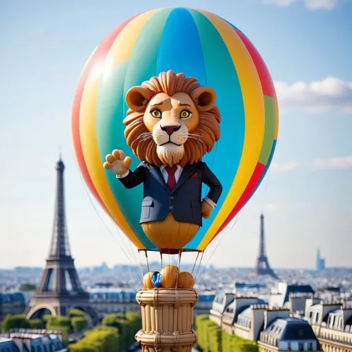 Prompt: Mr lion in a balloon over the Paris city 