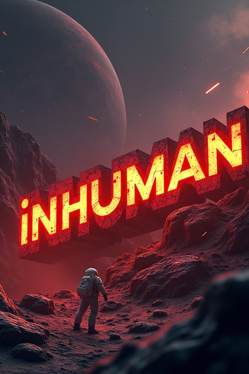 Prompt: A futuristic, ultra-realistic 8K smartphone wallpaper featuring the "iNHUMaN" text logo with a bold, geometric font. The letters are made of dark, rugged meteorite material with cracks that reveal a glowing molten lava-like red and orange light from within. The text has a strong 3D effect, with deep shadows and jagged contours that make it feel solid and powerful, as if forged in the depths of space.

The background depicts a desolate alien planet, filled with jagged rock formations and a swirling, dark galaxy above, painted in hues of deep reds, dark purples, and fiery oranges. Tiny glowing embers and space debris float around the logo, adding a subtle sense of motion, while small meteorites occasionally burst across the distant sky, enhancing the scene’s intensity.

An astronaut, detailed with signs of wear and tear, is in an action pose, reaching toward the glowing text or holding onto a nearby asteroid, adding a sense of interaction and exploration. The overall design is raw, intense, and dynamic, with rugged textures and dramatic lighting creating a powerful, otherworldly visual.