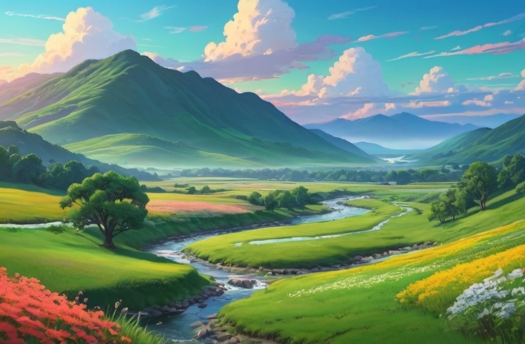 Prompt: a painting of a beautiful morning sunset over a green valley with flowers and a stream running through it, with a colorful sky and clouds,  beautiful landscape, a matte painting, Hayao Miyazaki style, HD, high resolution