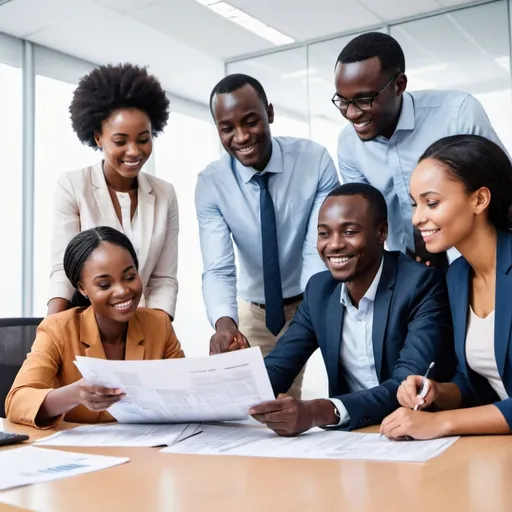 Prompt: group of people (Africans, preferably kenyans)attentively looking at insurance documents with a smiling agent explaining; modern office, bright lighting, friendly atmosphere"