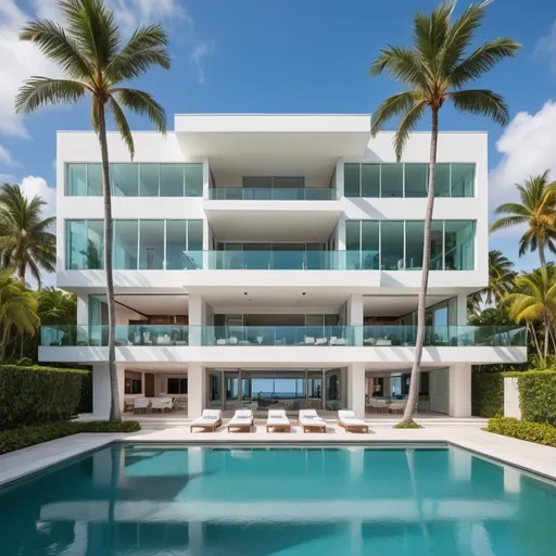 Prompt: Create a picturesque scene of a luxurious Miami beach house mansion surrounded by lush palm trees. The mansion should feature a modern yet classic architectural style, with large windows and an open layout that blends indoor and outdoor spaces. Highlight the following details:

Architecture & Exterior: A sleek, white stucco facade with clean lines, floor-to-ceiling glass doors, and a spacious balcony with glass railings. The roof should have a slight incline with a flat top, and the mansion should have multiple levels, with terraces on each floor.

Beachfront & Landscaping: Situated directly on a pristine sandy beach with a turquoise ocean backdrop. Surround the mansion with tall, swaying palm trees, manicured lawns, and tropical flowers. Include a sleek infinity pool with a seamless view of the ocean, accompanied by a stylish deck with sun loungers and umbrellas.

Atmosphere & Lighting: Set the scene during a sunny afternoon, with clear blue skies and vibrant sunlight casting reflections off the water and glass surfaces. The atmosphere should feel serene and luxurious, embodying the relaxed yet upscale vibe of Miami beachfront living.