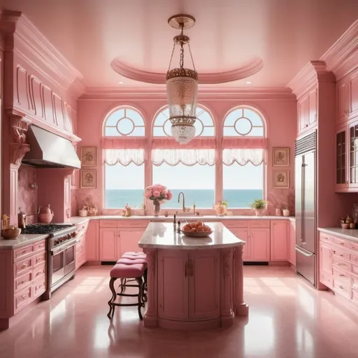 Prompt: (vintage retro luxurious kitchen), ultra 4K high-definition, sophisticated decor, warm color palette, various shades of pink tones, opulent furnishings, view on the see with big windows, rich textures, elegant lighting fixtures, plush seating arrangements, intricate patterns, charming accents, surrounded by large windows for natural light, inviting ambiance reflecting elegance and comfort, 1980s design influences, stylish details and exquisite craftsmanship.