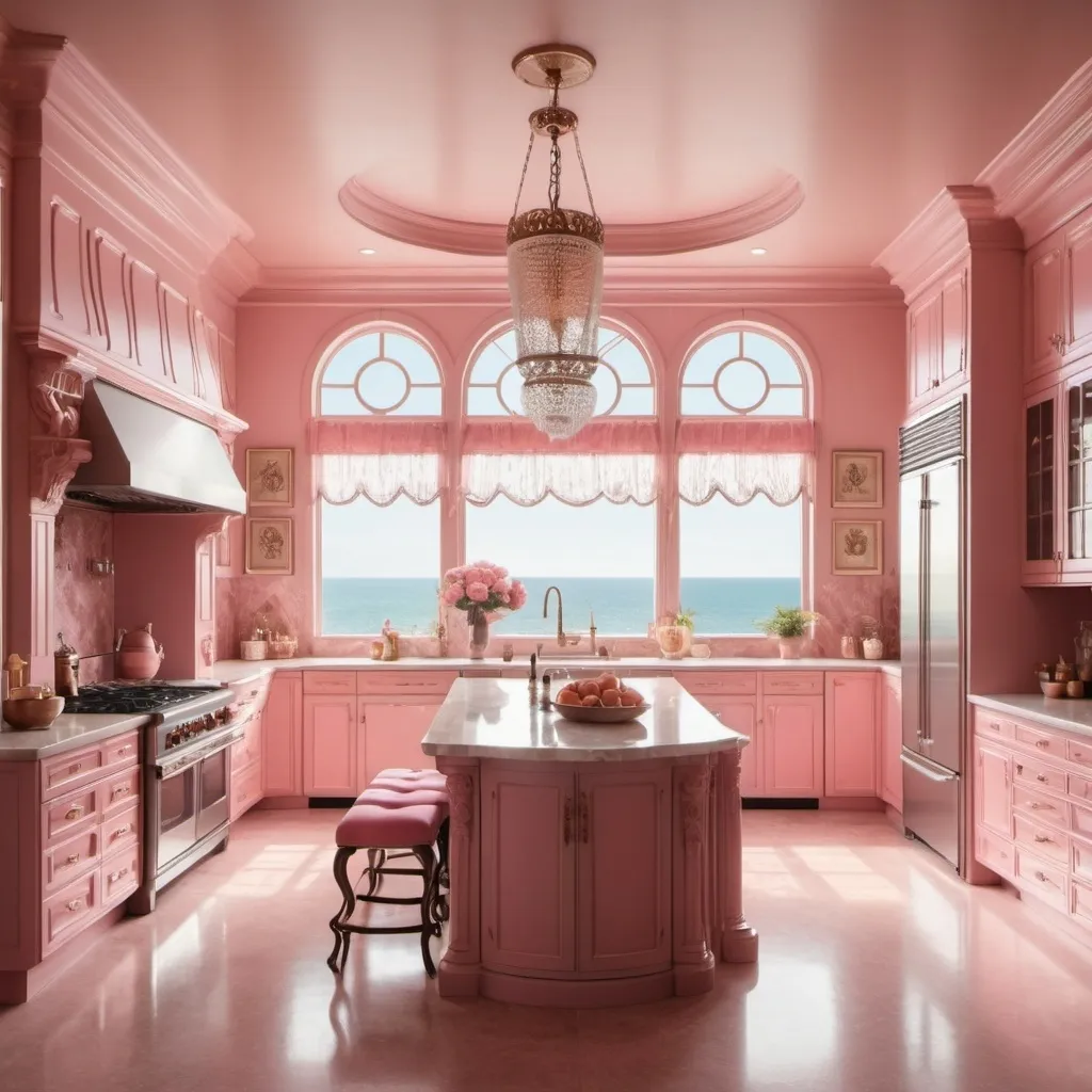 Prompt: (vintage retro luxurious kitchen), ultra 4K high-definition, sophisticated decor, warm color palette, various shades of pink tones, opulent furnishings, view on the see with big windows, rich textures, elegant lighting fixtures, plush seating arrangements, intricate patterns, charming accents, surrounded by large windows for natural light, inviting ambiance reflecting elegance and comfort, 1980s design influences, stylish details and exquisite craftsmanship.