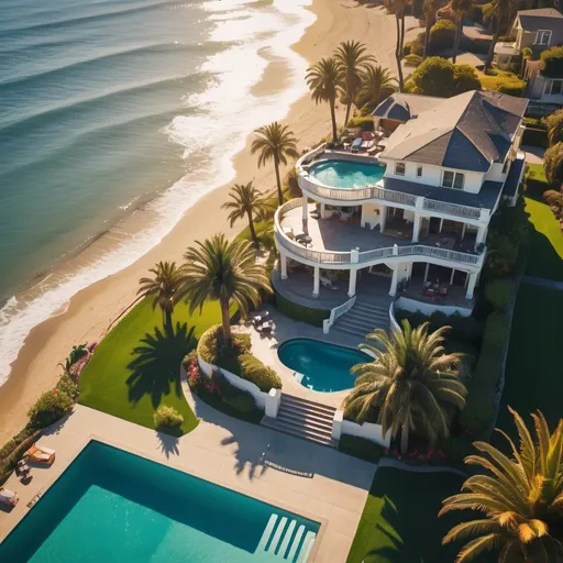 Prompt: birds view of an malibu beachfront mansion with pool and palmtrees and people partying
