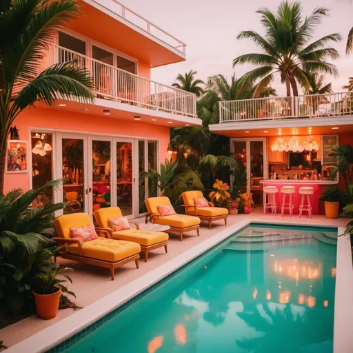 Prompt: (90's Miami beach house), vibrant, retro colors, poolside party atmosphere, people enjoying tropical drinks, groovy fashion style, sunset hues casting warm glow, palm trees swaying, cheerful mood, vintage decor elements, inviting pool with floating accessories, high energy, ultra-detailed, cinematic ambiance.