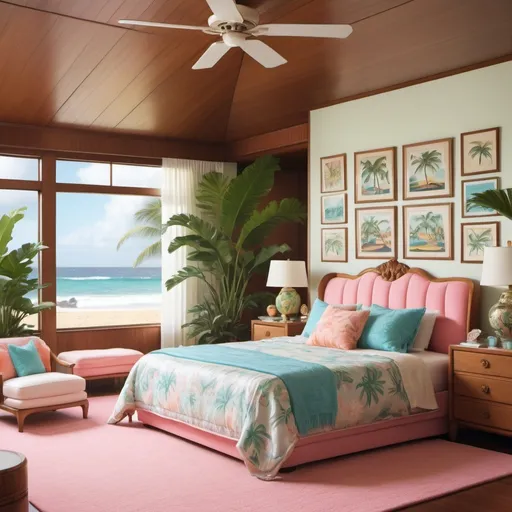 Prompt: Design an interior scene of a luxurious bedroom in a vintage beach house mansion in Hawaii, featuring a retro 1980s aesthetic. The room should evoke a sense of tropical opulence, blending laid-back island vibes with the distinctive style of the 80s. Incorporate a slightly dreamy, slightly blurry vision to enhance the nostalgic feel, no good quality for vintage look

