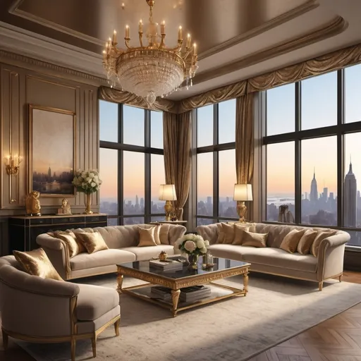 Prompt: (vintage style interior), luxurious New York penthouse, expansive city skyline view, elegant furnishings, soft warm lighting, gold accents, plush textures, intricate decor, sophisticated atmosphere, large windows, cozy ambiance, artistic wall art, high-quality 4K image, ultra-detailed, refined elegance, metropolitan elegance, inviting and opulent setting.