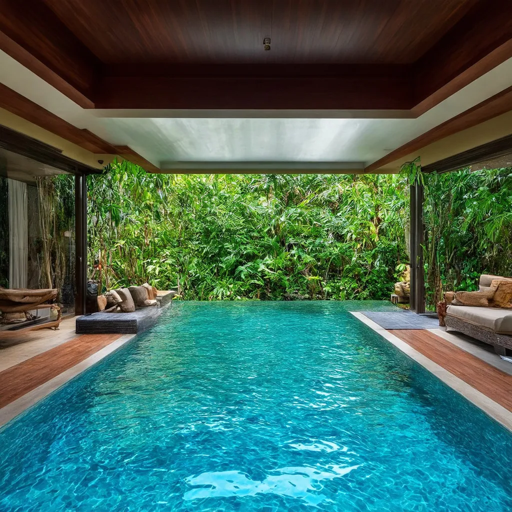 Prompt: Create an interior poolroom of a luxurious Balinese villa, seamlessly embedded in a lush, tropical landscape. The design should reflect a harmonious blend of nature and opulence, featuring open spaces, abundant greenery, and natural elements. The villa should exude a tranquil and inviting atmosphere with bright colors and luxurious furnishings