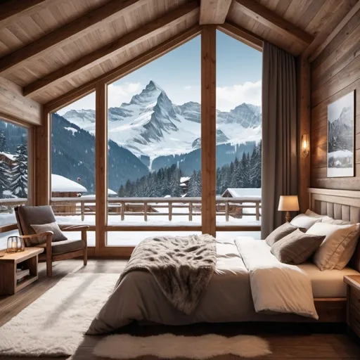 Prompt: Design the interior of a cozy bedroom with a person relaxing in the bed in a luxurious Swiss mountain lodge, showcasing a breathtaking view of snow-covered mountains with snow gently falling outside. The room should exude warmth and comfort, with high-quality, ultra-definition details. much luxus. high quality. real looking