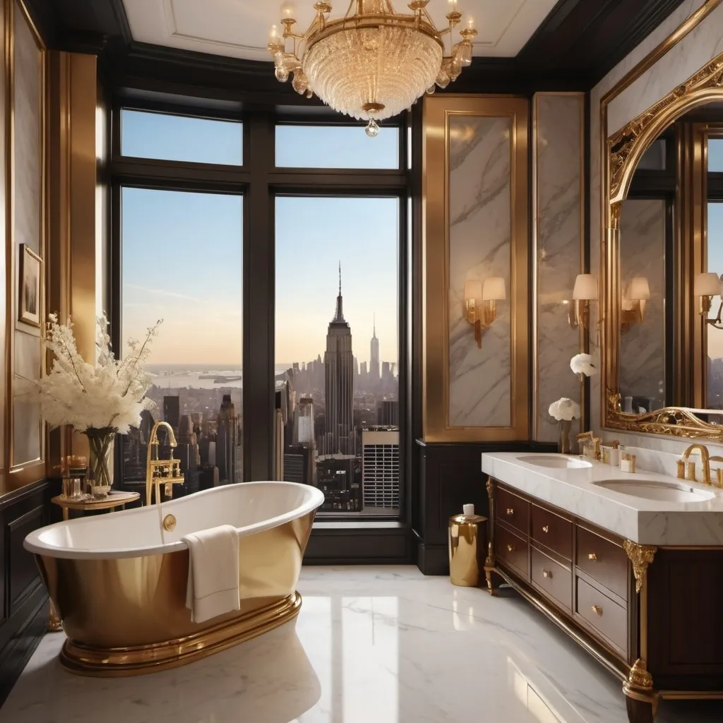 Prompt: (vintage style interior) the bathroom, luxurious New York penthouse, expansive city skyline view, elegant furnishings, soft warm lighting, gold accents, plush textures, intricate decor, sophisticated atmosphere, large windows, cozy ambiance, artistic wall art, high-quality 4K image, ultra-detailed, refined elegance, metropolitan elegance, inviting and opulent setting.