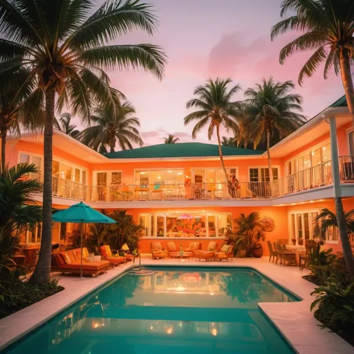 Prompt: (90's Miami beach house), vibrant, retro colors, poolside party atmosphere, people enjoying tropical drinks, groovy fashion style, sunset hues casting warm glow, palm trees swaying, cheerful mood, vintage decor elements, inviting pool with floating accessories, high energy, ultra-detailed, cinematic ambiance.