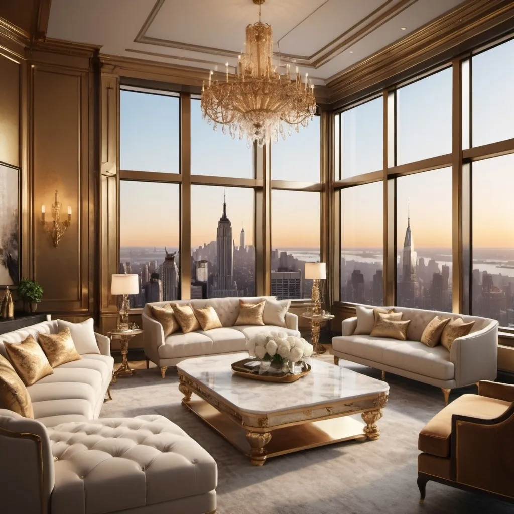 Prompt: (vintage style interior), luxurious New York penthouse, expansive city skyline view, elegant furnishings, soft warm lighting, gold accents, plush textures, intricate decor, sophisticated atmosphere, large windows, cozy ambiance, artistic wall art, high-quality 4K image, ultra-detailed, refined elegance, metropolitan elegance, inviting and opulent setting.