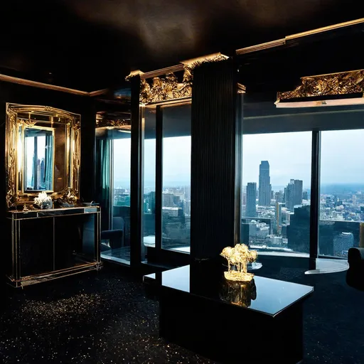 Prompt: Design an interior scene dressroom inspired by a "Scarface"-themed Los Angeles mansion belonging to a drug lord, reflecting opulence, power, and a touch of danger. The living room should exude luxury with a mix of dark colors and bright, blurry lights, creating a dramatic contrast. The design should include a view of the LA skyline, highlighting the wealth and status of the owner.