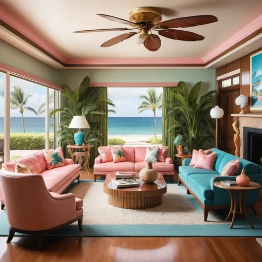 Prompt: Design an interior scene of a luxurious living room in a vintage beach house mansion in Hawaii, featuring a retro 1980s aesthetic. The room should evoke a sense of tropical opulence, blending laid-back island vibes with the distinctive style of the 80s. Incorporate a slightly dreamy, slightly blurry vision to enhance the nostalgic feel.