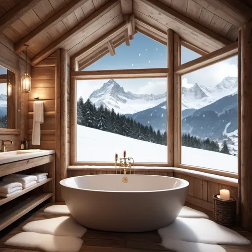 Prompt: Design the interior of a cozy bath room in a luxurious Swiss mountain lodge, showcasing a breathtaking view of snow-covered mountains with snow gently falling outside. The room should exude warmth and comfort, with high-quality, ultra-definition details. much luxus